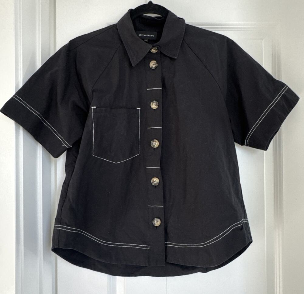 Lee Matthews Black Cotton Short Sleeve Button Down Shirt Size 0 XS